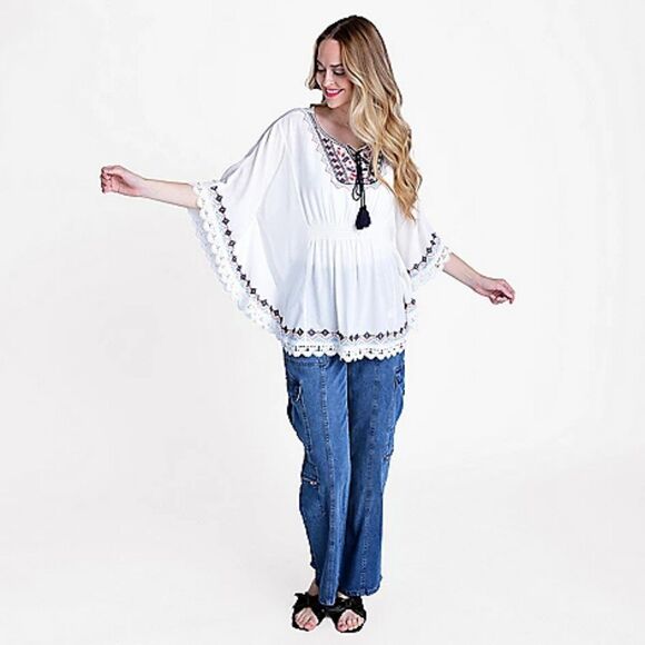Boho Embroidered Tunic Top Bat Wing Smocked Peasant Top Fringe White Sz L NEW - Picture 3 of 11